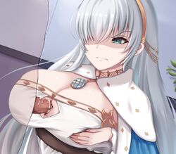 1boy 1girls anastasia_(fate) angry angry_paizuri bangs blue_eyes breast_squeeze breasts clenched_teeth cum cum_on_body cum_on_breasts eyebrows_visible_through_hair fate/grand_order fate_(series) female frown glaring hair_ornament hairpin huge_breasts jewelry large_breasts long_hair looking_at_viewer necklace paizuri paizuri_under_clothes penis renetan scowl solo_focus teeth white_hair