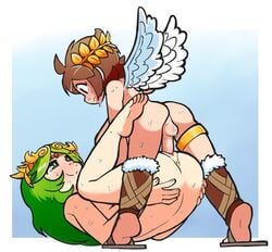 1boy 1girls backsack functionally_nude kid_icarus mating_press nervous nintendo notepaddy palutena pit pit_(kid_icarus) sex size_difference smaller_male smile source_request sweat sweating vaginal_penetration