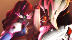 1futa 2girls 3d blackjr breasts brown_hair cock_worship collaborative_fellatio d.va dickgirl erection eyewear facial_marks female futanari headphones huge_cock long_penis looking_up mercy oral overwatch penis penis_lick penis_line penis_through_fly platinum_blonde_hair retracted_foreskin small_breasts tracer urethra