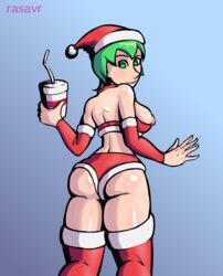 1girls back_view breasts christmas christmas_outfit foo_fighters green_eyes green_hair jojo's_bizarre_adventure looking_at_viewer looking_back nipple_slip nipples rasavr rear_view solo solo_female solo_focus stone_ocean tight_clothing water