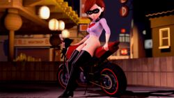 3d blackjr bottomless brown_hair clothing disney domino_mask elastigirl exhibitionism eyewear female footwear helen_parr human looking_at_viewer mask milf outdoors pixar public smooth_skin solo tagme the_incredibles the_incredibles_2