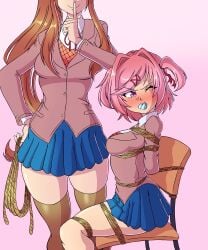 2girls arms_tied_behind_back blue_skirt blush bondage bound_legs boundlightning breasts brown_hair chair doki_doki_literature_club drooling female female_only finger_to_lips gag gagged holding_rope long_hair looking_away monika_(doki_doki_literature_club) multiple_girls natsuki_(doki_doki_literature_club) one_eye_closed panty_gag pink_eyes pink_hair rope skirt thighhighs tied_to_chair