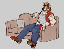 1boy anthro bodily_fluids bottomwear canid canine canis clothed clothing cum cum_on_clothes cum_on_self ejaculation erection erection_under_clothes genital_fluids genitals male male_only mammal oldshep open_bottomwear open_clothing open_pants pants penis solo underwear white_underwear wolf