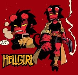 angry big_breasts black_hair breasts broken_horn crap-man cute demon_girl gun hellboy hellboy_(series) hellgirl monster_girl red_skin rule_63 short_hair smoking tagme trenchcoat yellow_eyes