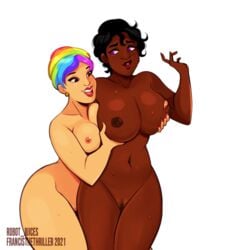 2021 2girls anita_obasanjo big_breasts breast_grab breasts dark-skinned_female female/female francisthethriller giada_caloris groping_breasts groping_from_behind milf multicolored_hair multiple_girls original purple_eyes rainbow_hair robot_juices tan-skinned_female white_background wide_hips yuri