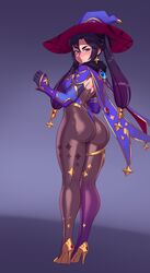 1girls 2021 absurdres ass big_ass big_butt female female_focus female_only genshin_impact highres large_ass large_butt looking_at_viewer looking_back mona_(genshin_impact) rizdraws solo thick_thighs