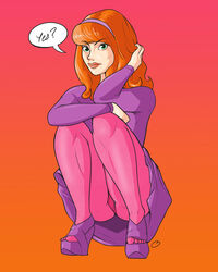 1girls captainbuttocks_(artist) daphne_blake female female_only hanna-barbera high_heels panties pink_panties red_hair scooby-doo solo speech_bubble squatting text tights upskirt