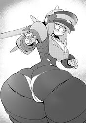 1girls android ass ass_focus blush breasts cameltoe erect_nipples erect_nipples_under_clothes female greyscale hat hybrid looking_at_viewer looking_back monochrome motoroid_pinkle_(polynian) nipples no_mouth panties pinkle_(polynian) pochincoff robot robot_girl robot_neoanthropinae_polynian simple_background underwear white_background