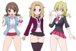 3girls blonde_hair blue_eyes blush bottomless bracelet brown_eyes brown_hair casual_exposure cleft_of_venus exposed_pussy female female_only game_freak innie_pussy jacket lass_(pokemon) lass_(pokemon_oras) lass_(pokemon_ss) lass_(pokemon_xy) microskirt miniskirt multiple_girls necktie nintendo no_panties no_panties_under_skirt npc_trainer peace_sign pokemon pokemon_oras pokemon_ss pokemon_xy pussy scrunchie short_skirt skirt smile smiling tie trio vagina wasabi_joyu wrist_scrunchie yellow_eyes yellow_hair