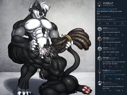 anthro anthro_on_anthro ass black_body black_fur blue_eyes blush bodily_fluids breasts brown_hair canid canine canis claws cum cum_in_mouth cum_inside duo fangs felid fellatio female fluffy fluffy_tail fur genital_fluids genitals green_eyes hair interspecies looking_pleasured male male/female mammal muscular muscular_anthro muscular_female muscular_male nipples open_mouth open_smile oral pantherine penile penis sex simple_background smile sweat teeth tongue tongue_out twitter white_body white_fur white_hair wolf zi0808