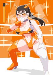 1girls bending_over big_breasts big_thighs blush brown_hair cat_ears choker gloves hand_on_chin hand_on_knee high_heels kamen_rider kamen_rider_zero-one_(series) legs_apart long_hair looking_at_viewer mask masked orange_background otokam1117 oxygen oxygen_mask sole_female spandex standing thick_thighs thigh_highs thighhighs tied_hair visible_breath white_gloves wrestling wrestling_outfit wrestling_ring yellow_eyes yellow_gloves yua_yaiba