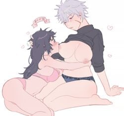 big_breasts blue_hair blush bra breast_sucking breasts dodo_(artist) female female_only genderswap_(mtf) heart kneeling legs naruto naruto_shippuden panties red_eyes rule_63 senju_tobirama silver_hair sucking uchiha_izuna