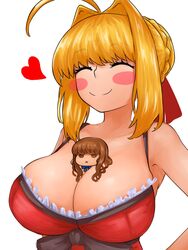 alternate_costume big_breasts blonde_hair blush cleavage dress fate/extra_ccc fate/grand_order fate_(series) hair_bun hair_ribbon hakuno_kishinami happy huge_breasts nero_claudius_(fate) object_between_breasts steamingtofu