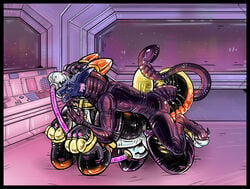 absurd_res anthro clothing costume cuddling deathsquad666 fursuit gag gagged hi_res inflation machine milking_machine noahsense puffy quadsuit rubber suit