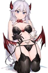 bra demon_horns demon_wings female garter_belt garter_straps gloves horns indie_virtual_youtuber lingerie long_hair navel neonbeat panties pubic_tattoo succubus thighhighs underwear veibae virtual_youtuber vshojo white_background white_hair