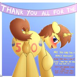 absurd_res anus ass balls blue_eyes blush brown_hair cutie_mark equid equine feral fur genitals h3nger hair hasbro hi_res horn horse male mammal my_little_pony nude open_mouth perineum pony shy solo sugar_pie text unicorn yellow_body yellow_fur