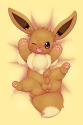 2:3 4_toes absurd_res anus balls black_nose blush blush_lines brown_balls brown_body brown_ears brown_fur cute_fangs dakimakura_design dipstick_tail eevee erection feet feral fluffy fluffy_tail foreskin full-length_portrait fur genitals hi_res humanoid_genitalia humanoid_penis legs_up looking_at_viewer lying male mklxiv multicolored_body multicolored_fur multicolored_tail neck_tuft nintendo on_back one_eye_closed open_mouth open_smile partially_retracted_foreskin pawpads penis pink_eyes pink_pawpads pokémon_(species) pokemon portrait quadruped signature simple_background small_nose smile solo tan_body tan_fur toes tuft video_games wink