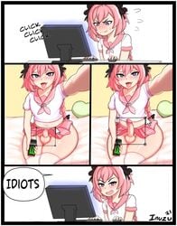 1boy androgynous astolfo_(fate) astolfo_monster_cosplay_(meme) balls blush braided_hair comic crossdressing curvy_figure eye_contact fate/grand_order fate_(series) femboy feminine_male flat_chest funny girly hair_ribbon huge_thighs humor inuzu long_hair looking_at_viewer male meme miniskirt penis pink_hair purple_eyes skirt solo speech_bubble testicles text thighhighs tomgirl tongue_out