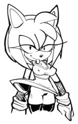 amy_rose anthro bottomless breasts clothing eyelashes female glitchslime hair headband hedgehog looking_at_viewer monochrome pussy solo sonic_(series) tongue tongue_out