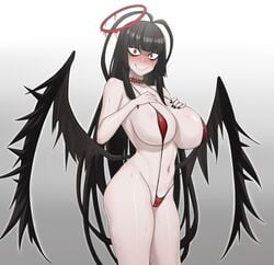 1girls angel black_hair blue_archive blush breasts choker cleavage eyeliner functionally_nude halo handplug hands_on_own_chest hime_cut huge_breasts justice_task_force_(blue_archive) long_hair navel nervous nervous_smile painted_nails pale_skin red_eyes sling_bikini solo sweat trinity_general_school_student tsurugi_(blue_archive) very_long_hair