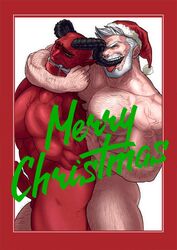 abs absol_(dkqthf) anal arm_around_neck arm_hair bald bara beard border chest_hair christmas completely_nude demon_boy demon_horns duo erection facial_hair from_side hat horns interracial large_pectorals leg_hair licking male male_focus male_only mature_male merry_christmas muscular muscular_male navel_hair nipples nude old old_man original red_border santa_claus santa_hat sex short_hair thick_thighs thighs tongue tongue_out veins yaoi