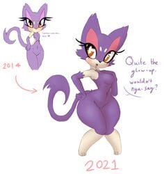 2021 anthro bit-small breasts colored dialogue eyelashes fangs featureless_breasts female genitals glistening glistening_eyes hand_on_chest hand_on_hip hi_res navel nintendo orange_eyes pokémon_(species) pokemon purple_body purrloin pussy simple_background solo tan_body text thick_thighs video_games white_background