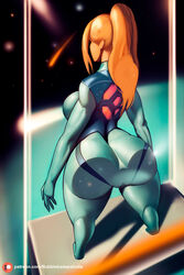 1girls against_glass ass bad_anatomy blonde_hair bubblebadassbutts female female_only female_protagonist huge_ass metroid samus_aran thick_thighs wide_hips zero_suit zero_suit_samus