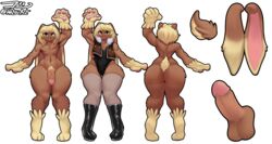 1boy abs absurd_res ass big_butt boots brown_body brown_fur clothed clothing femboy fishnet fishnet_legwear footwear fur genitals girly green_eyes hair hi_res jacket kotsu lagomorph legwear leotard leporid lopunny male male_lopunny male_only male_pokemon mammal model_sheet navel nintendo nude penis pokémon_(species) pokemon pokemon_(species) scut_tail simple_background solo solo_male topwear video_games white_background wide_hips