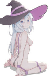 anal_hook ass blue_eyes bondage bondage bound breasts elaina_(majo_no_tabitabi) female hat highres long_hair looking_at_viewer majo_no_tabitabi misan_(dd) nipples nude restrained seiza sitting white_hair witch_hat