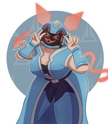 1girls big_breasts clothed female fortnite helmet high_tech_mask image mask masked metal_mask paradigm_(fortnite) peace_sign riftnsfw smiling tagme