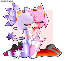 2girls amy_rose anthro blaze_the_cat breasts domestic_cat erect_nipples eyelashes female footwear forehead_jewel fur furry handwear hedgehog hi_res jasielewdko jasienorko kissing nipples pink_body pink_hair pink_nipples png ponytail purple_body purple_hair sonic_(series) tan_body white_body yuri