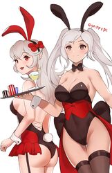 2girls alternate_costume artist_name ass bare_arms bare_shoulders bare_thighs big_ass big_breasts black_bunny_ears black_bunnysuit black_clothing black_legwear black_outfit blush blushing breasts brown_eyes bunny_ears bunny_girl bunny_tail bunnysuit cleavage corrin_(fire_emblem) corrin_(fire_emblem)_(female) curvaceous curvy curvy_female curvy_figure cute cute_fang drink drinks eyebrows_visible_through_hair female female_focus female_only fire_emblem fire_emblem_awakening fire_emblem_fates front_view hips hourglass_figure human human_focus human_only light-skinned_female light_skin long_hair multiple_girls nintendo pointed_ears pointy_ears red_bunny_ears red_eyes robin_(fire_emblem) robin_(fire_emblem)_(female) sagging_breasts serving serving_platter serving_tray side_view sideboob smile smiling spiffydc thick_ass thick_hips thighs twintails waitress white_background white_hair wide_hips