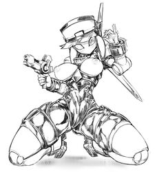 1girls android blush breasts female greyscale gun hat high_resolution highres hybrid invitation jewelry kneeling looking_at_viewer motion_lines nipples no_mouth pinkle_(polynian) pochincoff robot robot_girl robot_neoanthropinae_polynian sketch weapon