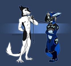 anthro collar duo facial_piercing genitals headphones hi_res leash leash_pull machine male male/male nervous_smile nose_piercing penis piercing protogen ray septum_piercing sergal smile smirk wallswhisper ze0