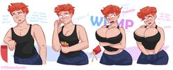 1boy 1girls barely_contained blue_eyes blush breast_expansion breasts cleavage dialogue female fries gender_transformation genderswap hands_in_pants huge_breasts karma large_breasts madamsquishie male mtf_transformation punishment red_hair sequence short_hair tank_top text transformation