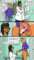 anthro ass balls belt black_hair black_nose bottomwear breasts canid canine canis clinic clothed clothing doctor doctor_on_patient domestic_dog door door_handle english_text felid feline female fully_clothed fur genitals gina_(kostos_art) gloves hair hand_on_penis handwear happy hi_res holding_clothing holding_object inside kostos_art lynx male male/female mammal marty_(kostos_art) monotone_balls monotone_genitals orange_balls orange_body orange_butt orange_fur orange_tail pants penis penis_grab pinscher romantic_couple sink standing text two_tone_tail undressing unprofessional_behavior white_clothing wholesome