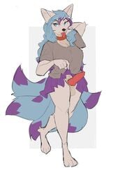 abstract_background anthro baggy_clothing balls bottomless bottomwear breasts canid canine clothed clothing collar erection fox furry futanari genitals gynomorph hi_res intersex knot mammal multi_tail paws piercing raised_clothing servalex skirt solo tongue tongue_piercing wide_hips