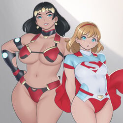 2girls barda_free big_barda big_breasts bikini_armor black_hair blonde_hair blue_eyes cape curvy dc dc_comics earrings female female_only hand_on_hip hands_behind_back headwear kara_danvers kara_zor-el leotard mister_miracle_(series) navel supergirl superman_(series) thick_thighs