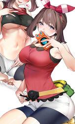 1girls cellphone clothed feet female female_focus female_only marushin_(denwa0214) may_(pokemon) may_(pokemon_oras) phone pokemon pokemon_oras selfie shirt_lift shirt_up smartphone solo solo_female sweat underboob