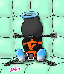 2021 ankle_cuffs balls blue_body bondage bound chains chao_(sonic) chastity chastity_cage chastity_device clothed clothing digital_drawing_(artwork) digital_media_(artwork) fan_character genitals glistening halo hero_chao hi_res male mask padded_cell sega sgtstitches shackles simple_background solo sonic_(series) sonic_the_hedgehog_(series) sprinter_(starfoth) straitjacket