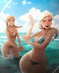 2girls anna_(frozen) ass big_ass big_butt bikini bikini_bottom bikini_top blonde_hair blue_bikini blue_eyes bottom_heavy breasts choker disney duo elsa_(frozen) female female_focus female_only frozen_(film) highres human kittypuddin large_ass long_hair medium_breasts multiple_girls narrow_shoulders navel ocean orange_bikini outdoors pale-skinned_female pale_skin playful ponytail red_hair sea side-tie_bikini sidelocks sillygirl sinner sisters skimpy skimpy_clothes smile splashing string_bikini swimsuit thick_thighs thin_arms thin_waist twintails water wide_hips