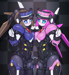 2futas android aqua_eyes balls bar_censor black_penis blue_breasts blue_eyes blue_glans blue_nipples blush breast_press breasts censored duo erection futa_only futanari glans hat humanoid humanoid_penis hybrid intersex looking_at_viewer navel no_mouth penis pink_breasts pink_glans pinkle_(polynian) pochincoff pointless_censoring robot robot_neoanthropinae_polynian standing testicles