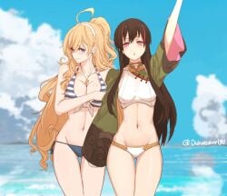 asian asian_female beach bikini bikini_bottom bikini_top blonde_hair blue_eyes child_bearing_hips cleavage clothing cute dark_hair dishwasher1910 female female_jaune_arc_(rwby) female_lie_ren_(rwby) genderswap_(mtf) happy human jaune_arc lie_ren long_hair nervous pale_skin pink_eyes reverse_harem rule_63 rwby shy swimwear thick_thighs waving_at_viewer wholesome