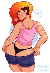 1girls artist_self-insert ass ass_focus big_ass blonde_hair clothing_too_small dressing female female_only long_hair madamsquishie panties red_hair short_shorts shorts side_shave solo squishie_(madamsquishie) tank_top text thick_ass thick_thighs thong thought_bubble tight_clothing tight_shorts two_tone_hair viewed_from_behind white_background