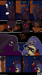 anthro banette black_hair breasts brown_skin bunnysuit comic cubone dialogue english_text gastly ghost halloween halloween_costume kiss_the_carrot masturbation mismagius nipples original_character penis pokemon pokemon_(species) purple_skin red_sclera straight_hair text watermark