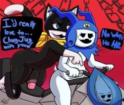 2021 4_fingers anthro ass atlus balls bandana big_butt black_balls black_eyes black_mask black_penis blue_clothing blue_eyes blue_hat blue_headwear clothing dialogue dipstick_tail domestic_cat duo english_text fangs felid feline felis fingers genitals glans half-closed_eyes hat headgear headwear hi_res humanoid humanoid_on_anthro jack_frost_(megami_tensei) kerchief male male/male mammal megami_tensei megami_tensei_persona morgana_(persona) mostly_nude motorcycle multicolored_tail narrowed_eyes no_pupils not_safe_for_reality open_mouth penis persona persona_5 pink_glans pink_penis propositioning raised_tail smile speech_bubble text thick_penis vehicle video_games white_body yellow_bandanna yellow_kerchief