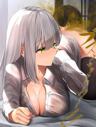 bangs cleavage fart fart_fetish farting_in_face femdom office_lady tsuchiro white_hair yellow_eyes