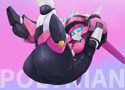 1girls android arms_up ass blue_eyes female gradient gradient_background gun hat high_resolution highres holding_weapon hybrid legs_up looking_at_viewer nipples no_mouth pink_background pink_breasts pinkle_(polynian) pochincoff purple_background robot robot_girl robot_neoanthropinae_polynian text weapon