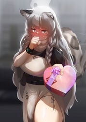 1futa animal_ears arknights big_breasts big_penis blush breasts bulge clothed clothing condom erection_under_clothes fully_clothed futa_only futanari gift humanoid kemonomimi looking_to_the_side mo_ne pale_skin penis penis_under_clothes pramanix_(arknights) shy solo standing steam tail tail_wagging thick_thighs valentine valentine's_day wagging_tail