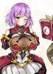 blush book dress epic7 female homunculus large_breasts looking_at_viewer mercedes_(epic_seven) purple_hair short_hair smiling yellow_eyes